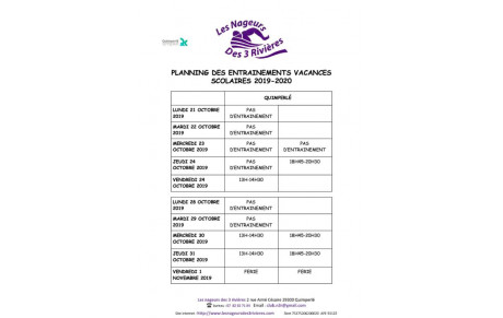 Nouveau planning des entraînements vacances de la Toussaint